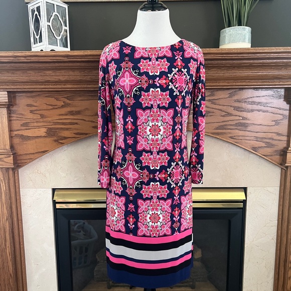 Vince‎ Camuto Pink and Blue Lined Floral Geometric Sheath Dress Size 4 - Picture 2 of 13